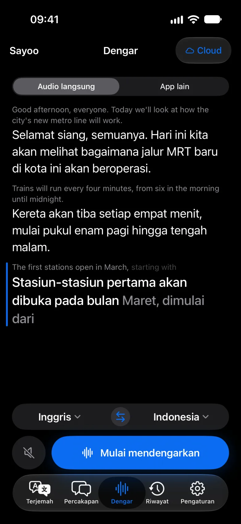 Teks terjemahan langsung saat mendengarkan